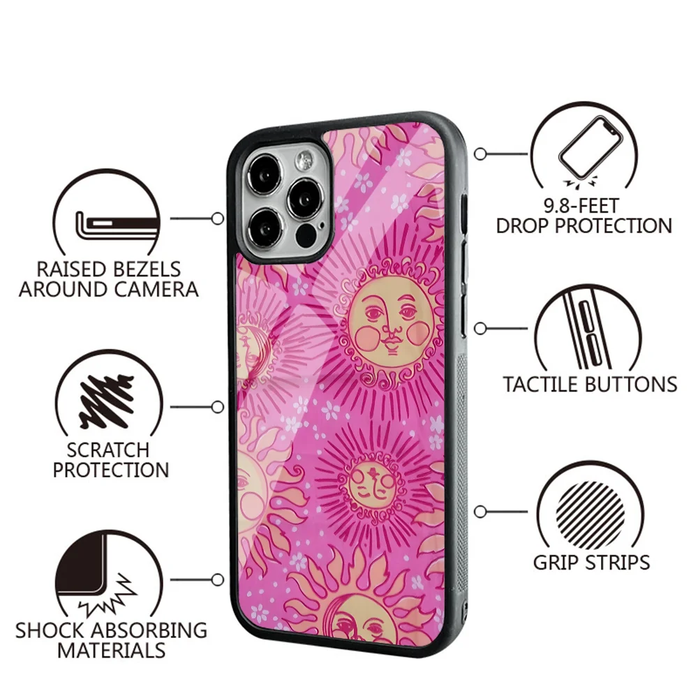 Cute Pink Suns Pattern Phone Case For IPhone 11 12 13 14 15 Plus Pro Max Mirror Acrylic PC TPU Cover