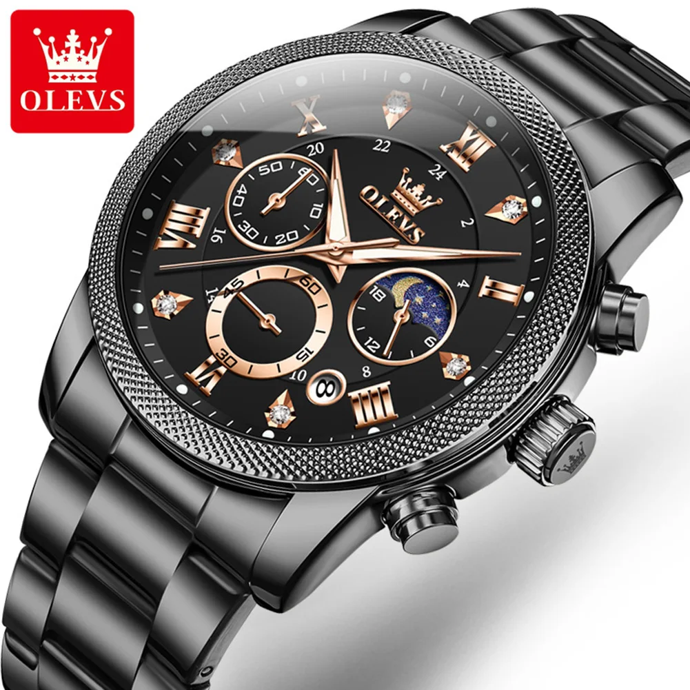 

OLEVS Luxury Multifunctional Moon Phases Chronograph Quartz Watch for Men Stainless Steel Sports Waterproof Calendar Mens Watch