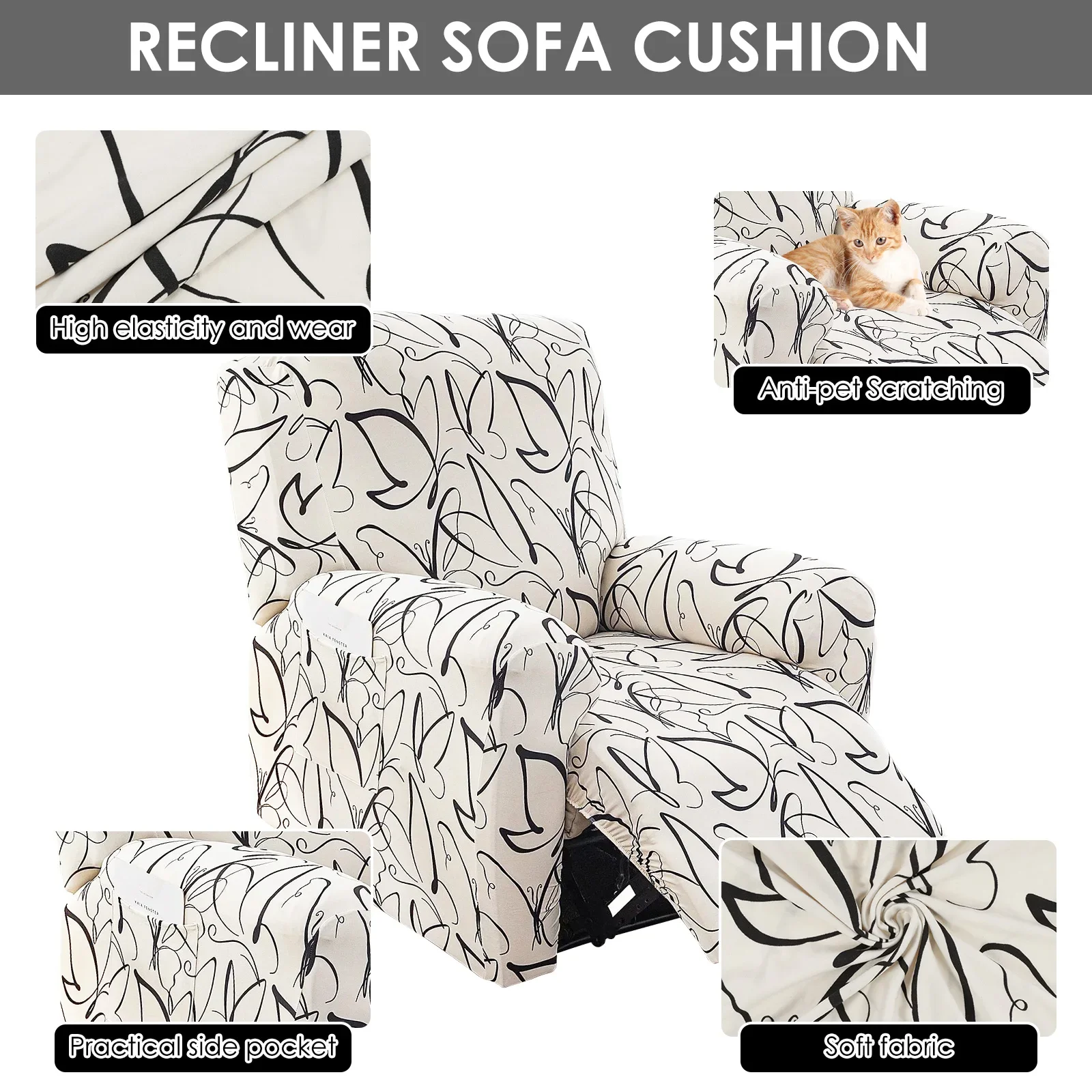 4Pcs Elastic Recliner Sofa Cover Printed Stretch Recliner Slipcovers with Side Pockets Non Slip Sofa Slipcovers for Living Room