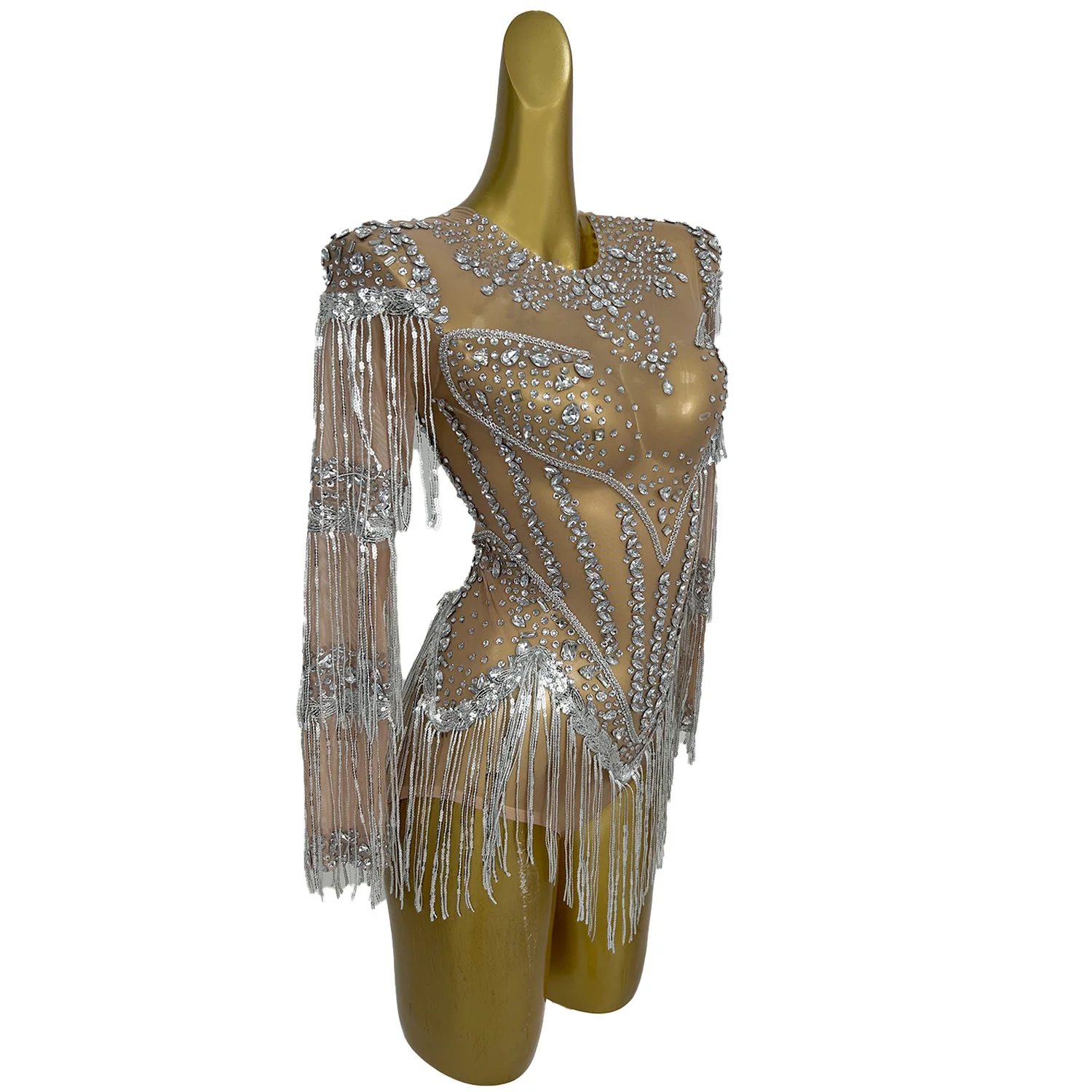 Sequins Rhinestone Tassel Sparkly Bodysuit Showgirl Stage Performance Night Party Dance Outfit Ladies Latin Dance Team Yixing