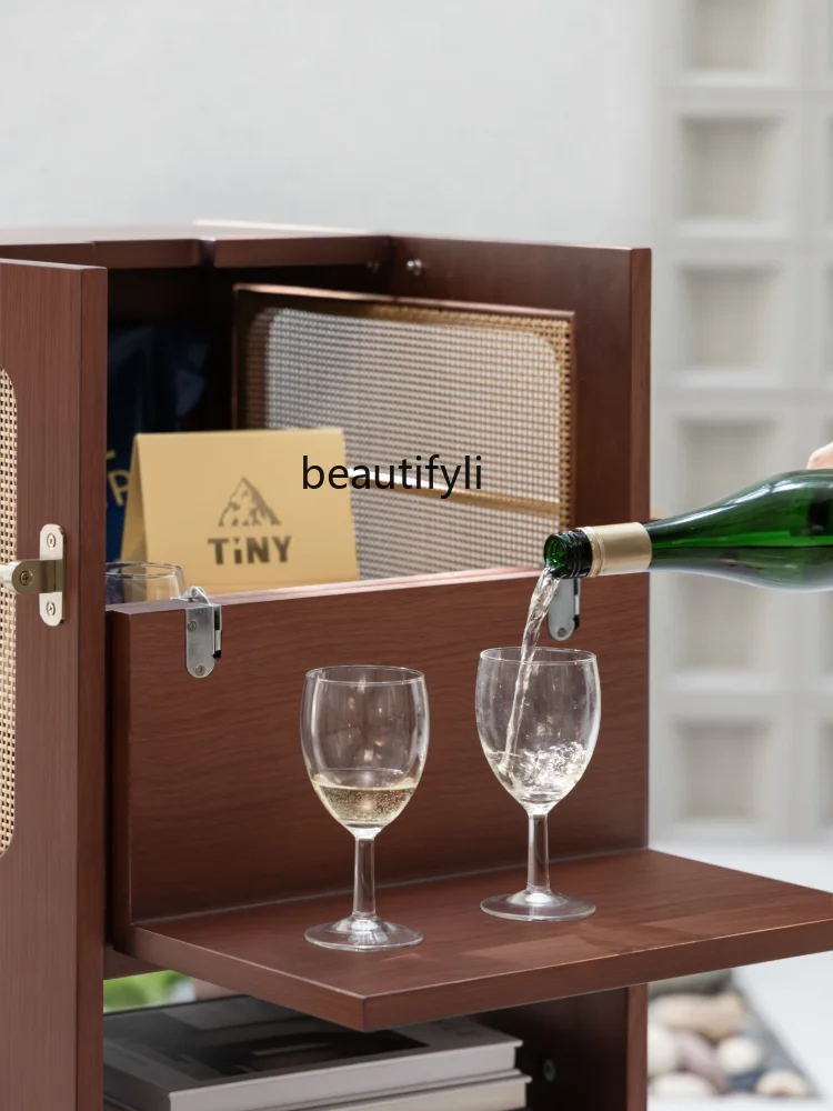 Cabinet with Trolley Coffee Table Side Table Mobile Side Cabinet Rattan Vintage Guest Restaurant Storage