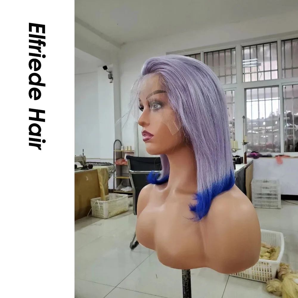 Elfriede wig rambut Bob berwarna biru abu-abu Ombre wig rambut manusia 4x4 penutup renda 13x4 13x6 wig rambut Bob pendek Frontal renda untuk wanita