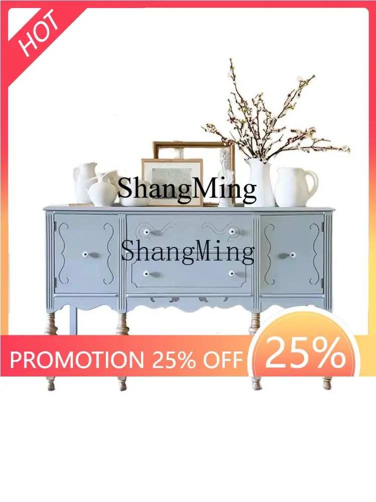 

ZYY solid wood retro engraved blue entrance dining side cabinet simple living storage storage decorative cabinet