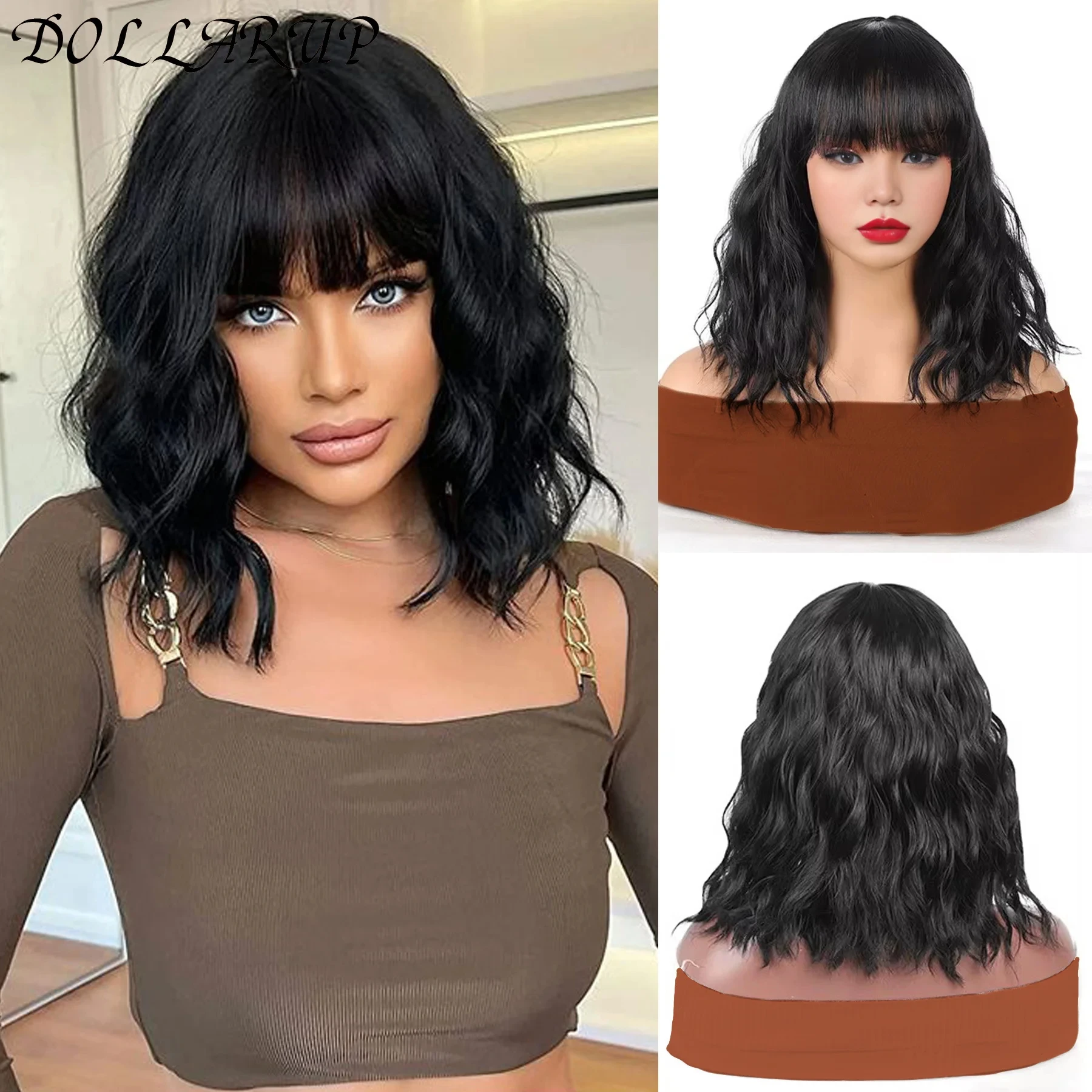 شعر مستعار JKL أسود ذهبي فاتح مجعد بوب مع غرة تموج الماء - شعر صناعي قصير للحفلات التنكرية والارتداء اليومي وتصفيف الأزياء #1