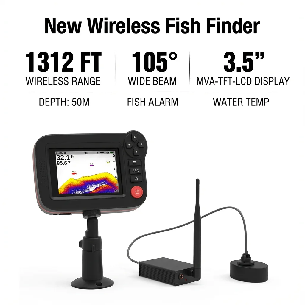 

PUPOPAN New Wireless Fish Finder for Fishing Boats 1312 ft Range 105 Degree Wireless Operating Range Fishing Fish Finder