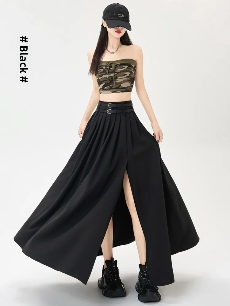 여성용 여름 디자인 하이웨이스트 드레이프 사이드 슬릿 플리츠 롱 스커트 한국 스타일 출퇴근용