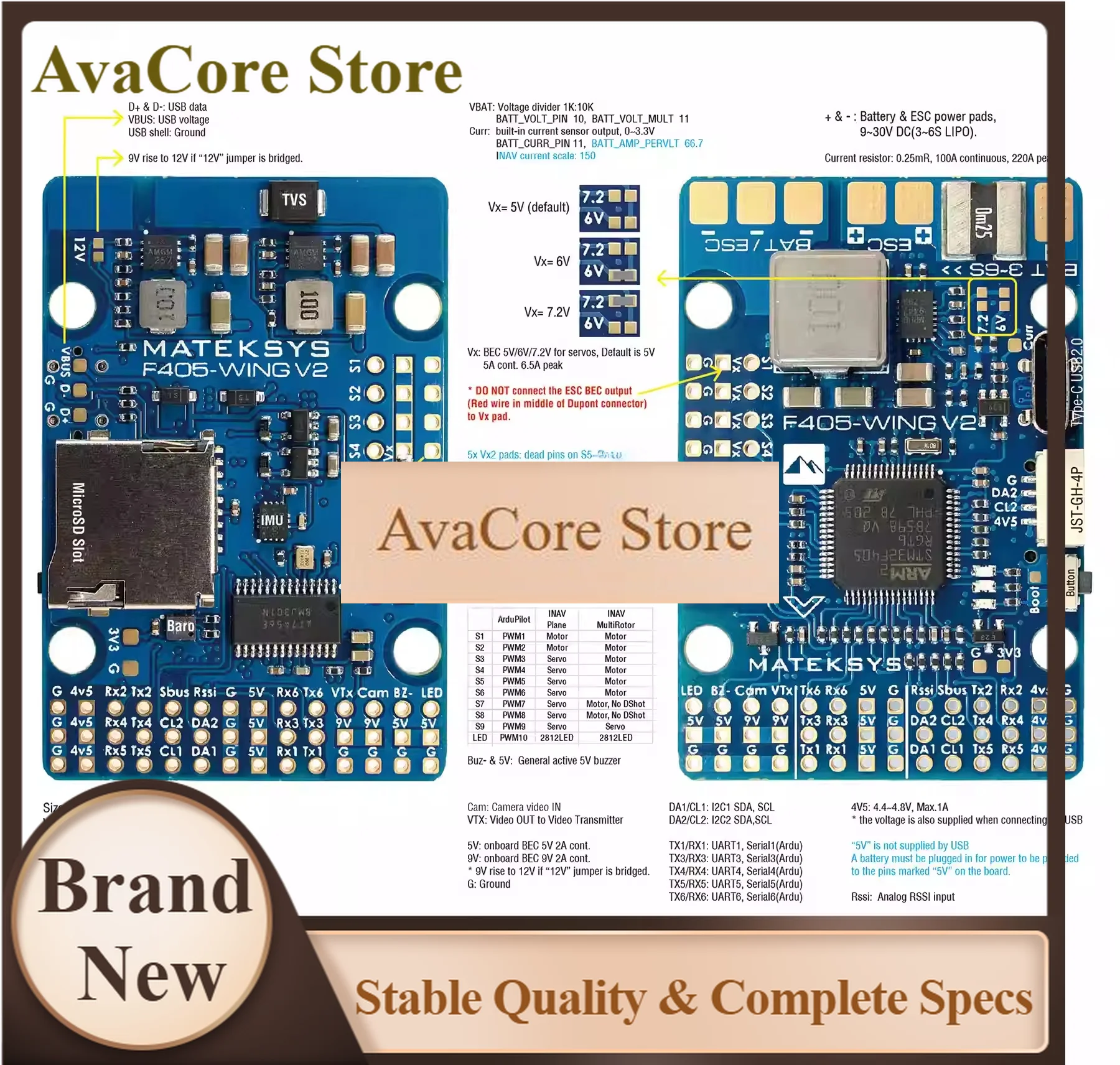 AvaCoreMATEK F405-WING-V2 Flight Controller 3-6S Barometer OSD Black Box 3-6S RC Model