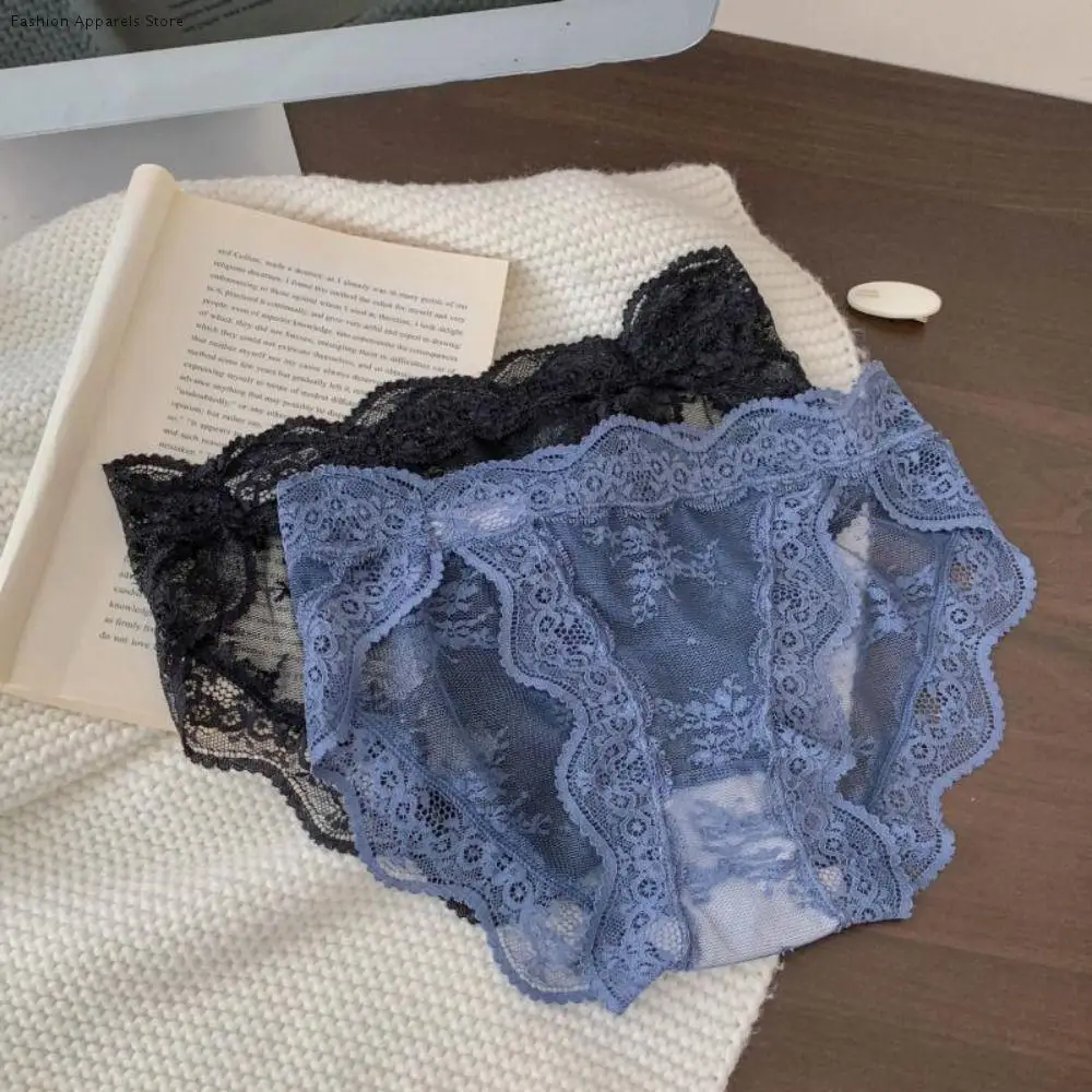 

4Pcs Soft Transparent Lace Mesh Panties Cotton Crotch Mid Waist Seamless Briefs Underpants Underwear for Women Girl