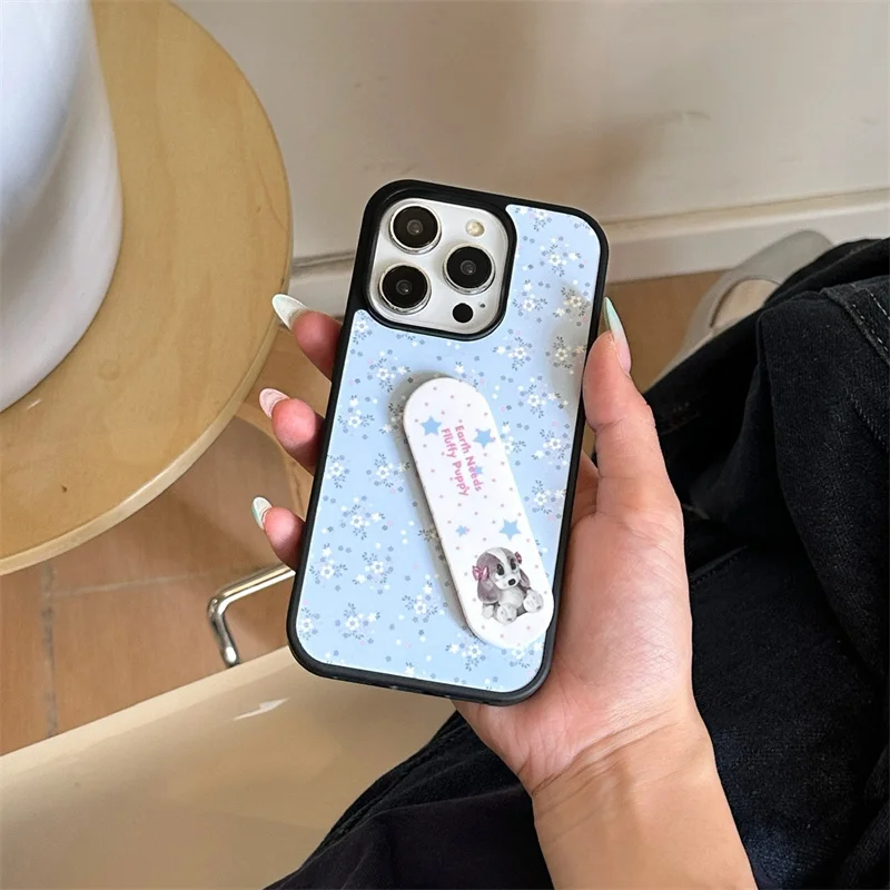 Funda de teléfono coreana con pequeña flor azul para iPhone 16 Pro 15 13 14 Pro Max 15Pro, funda trasera con soporte bonito, fundas duras