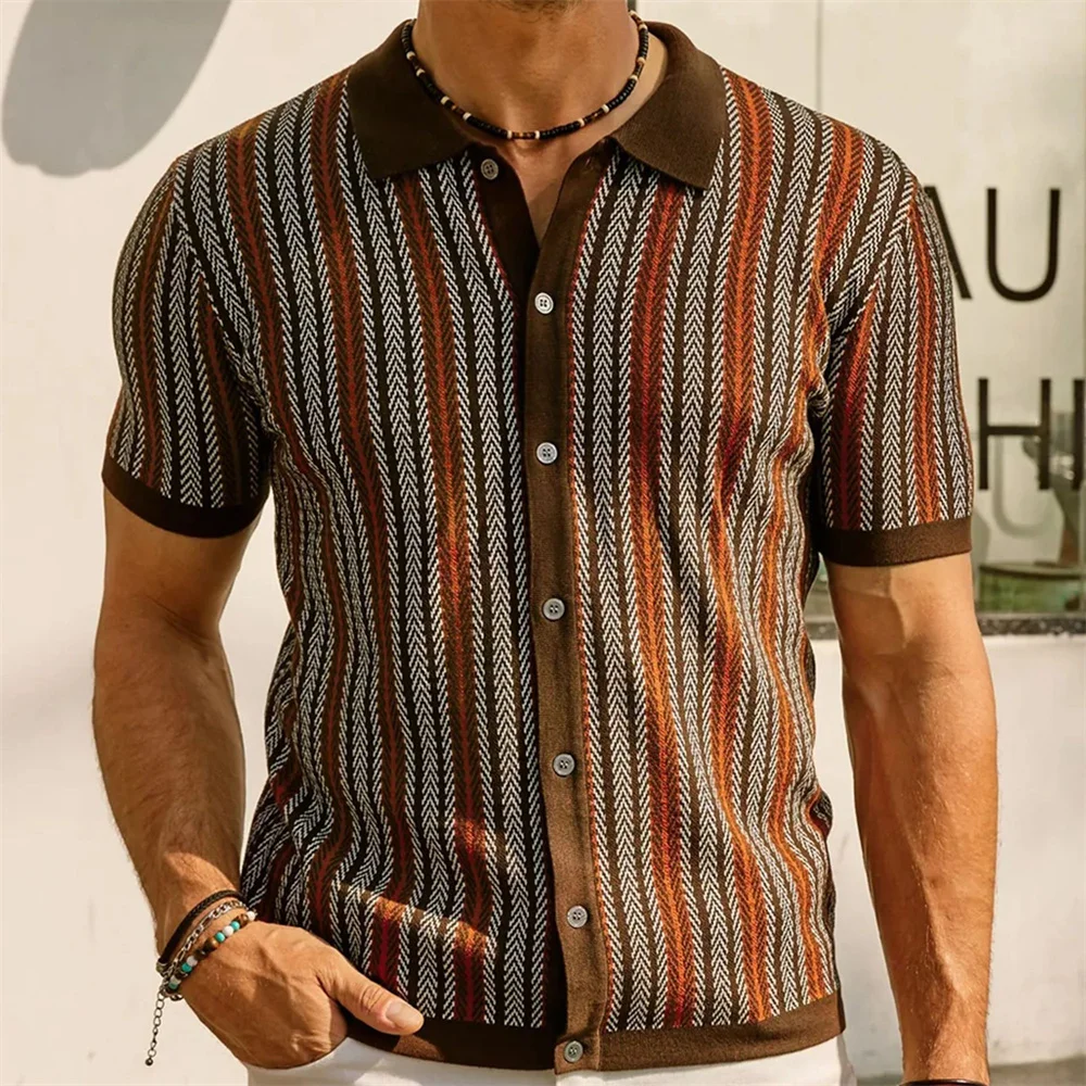 Camisa jacquard de manga corta para hombre, prendas de punto de alta gama, a rayas, top de negocios de moda, novedad de verano