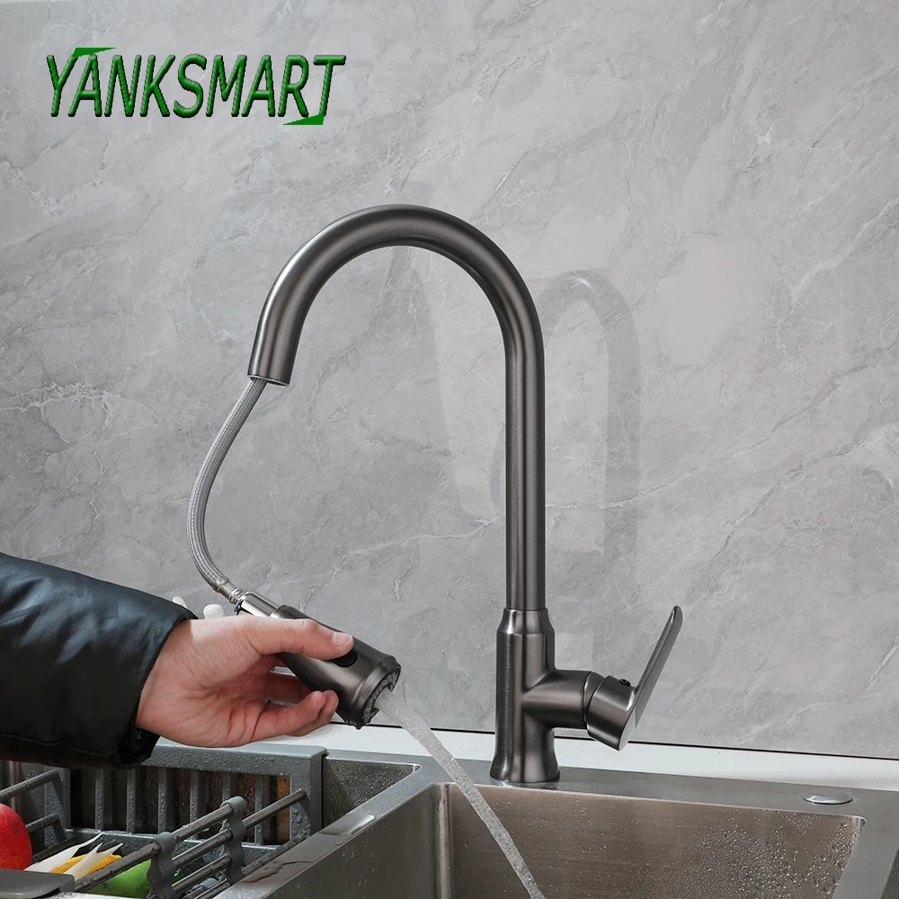 

YANKSMART Gun Grey Kitchen Faucet Pull Out 3 Ways Brass Faucet Stream Sprayer Kitchen Tap Crane Hot Cold Water Mixer Taps