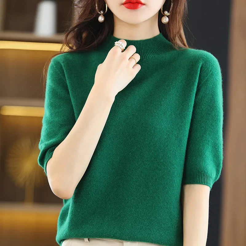 

Spring Autumn New Loose Women Knitted Top Half High Collar Medium Sleeve Thin Sweater Female Shirt