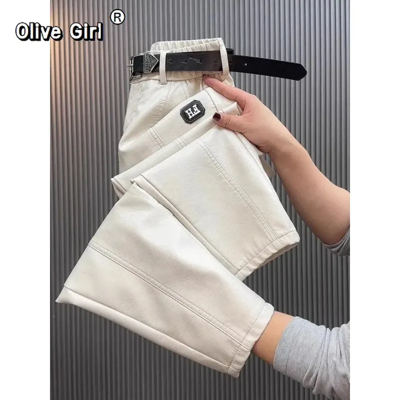 Olivegirl بنطلون نسائي مقاس كبير Y2k بنطال جلدي عالي الجودة PU غير رسمي مستقيم الساق بانت فضفاض نحيف عالي الخصر