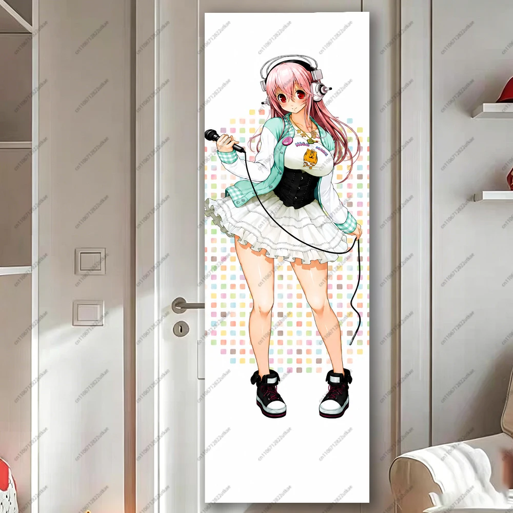 S-Super S-Sonico Singer Outfit With Headphones Microphone Print Long Vertical Banner Tapestry Rainbow Dot Background Otaku Door