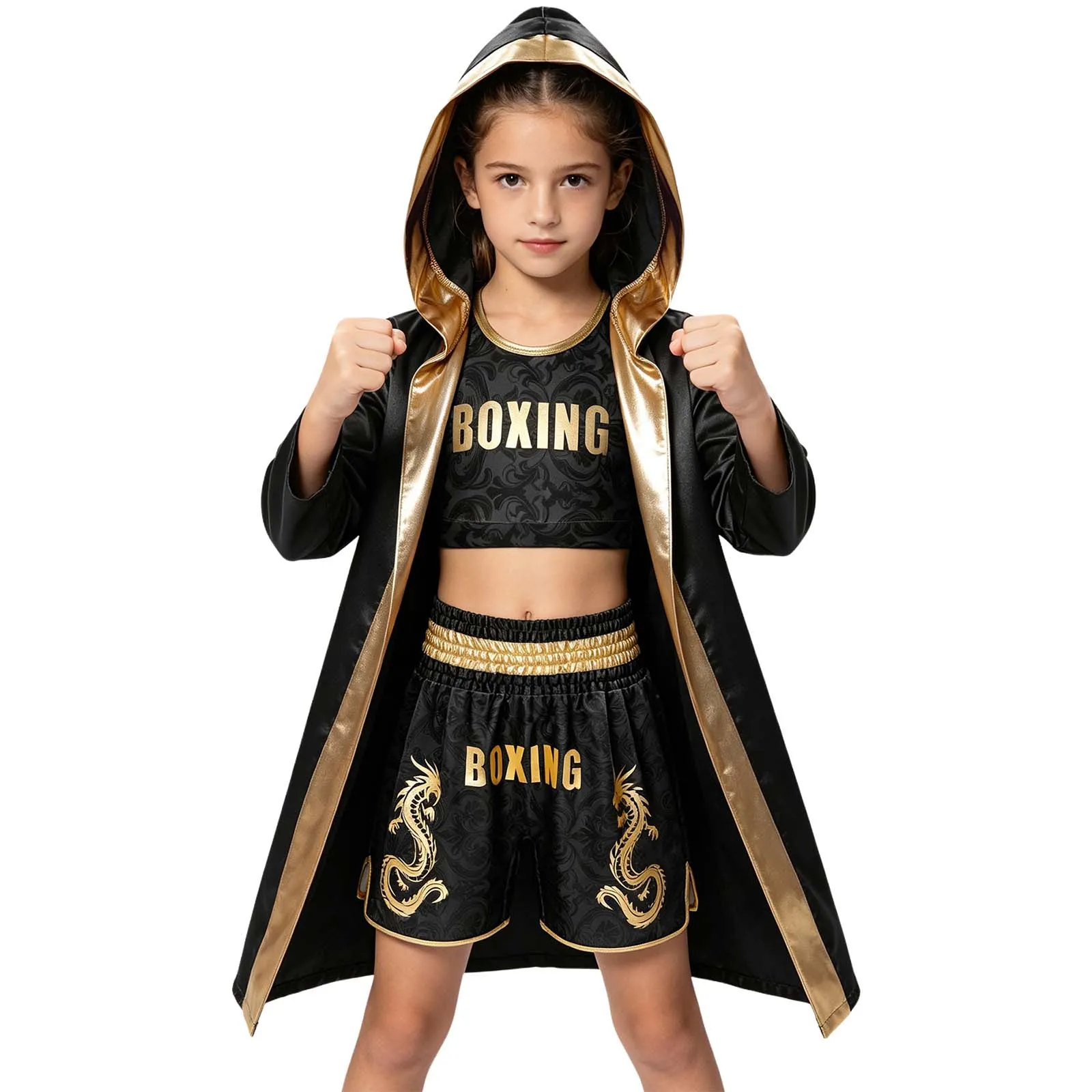 Kinder Jungen Mädchen Metallic-Verzierung Kampf-Boxoutfit mit Kapuze, Boxermantel und Gürtel, Blumenmuster-Weste mit elastischem Bund und Shorts – Detail 16