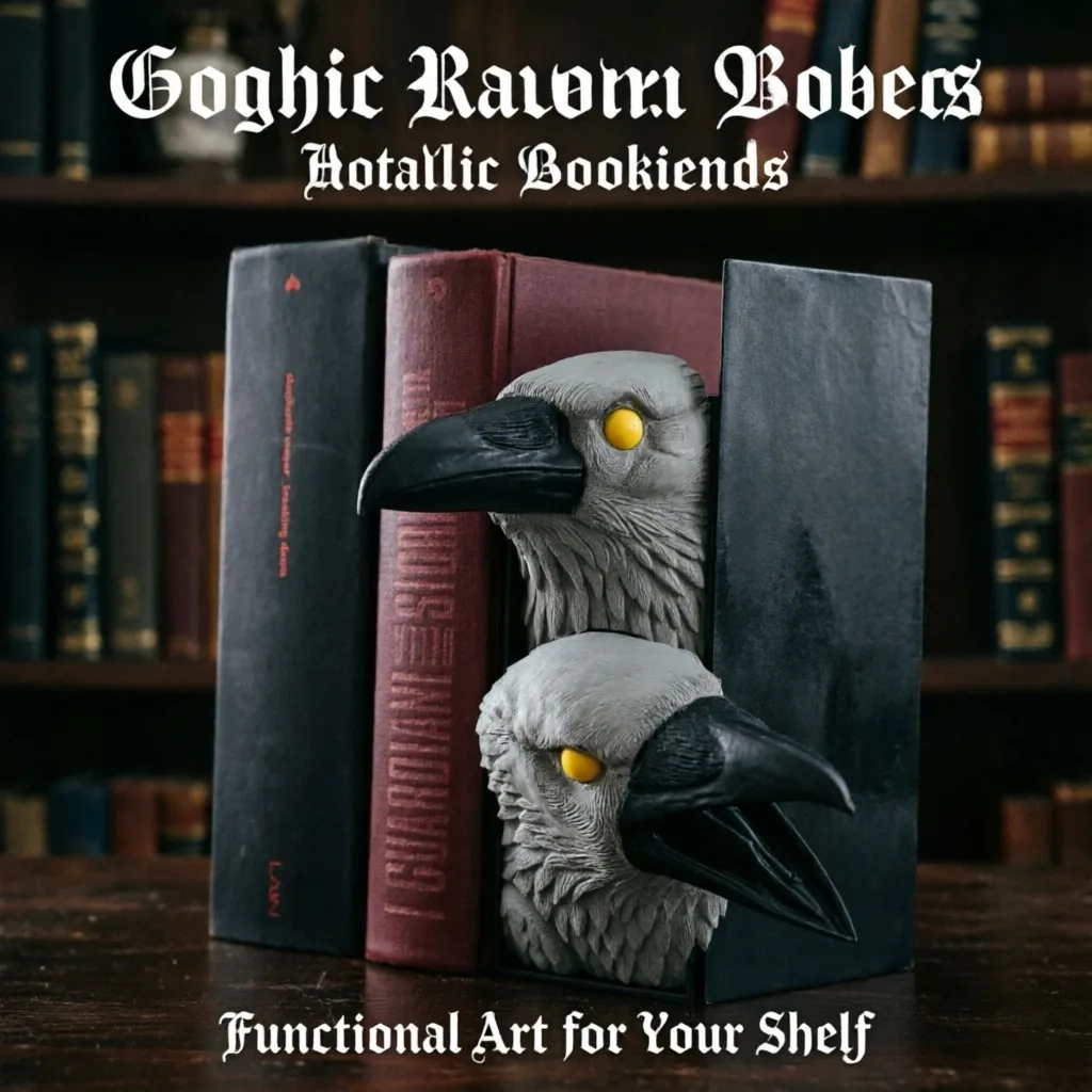 Gothic Raven Bookend 3D Printed Dual Bird Head Book Holder Fine Feather Texture Bookshelf Desktop Shelf Decor Gift Home Library