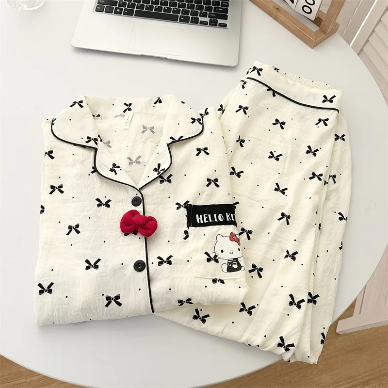 

Пижамы Hello Kitty для молодых девушек, кавайный мультяшный студенческий осенний комплект для отдыха с длинными рукавами и длинными штанами, хлопковый комплект домашней одежды с облаком