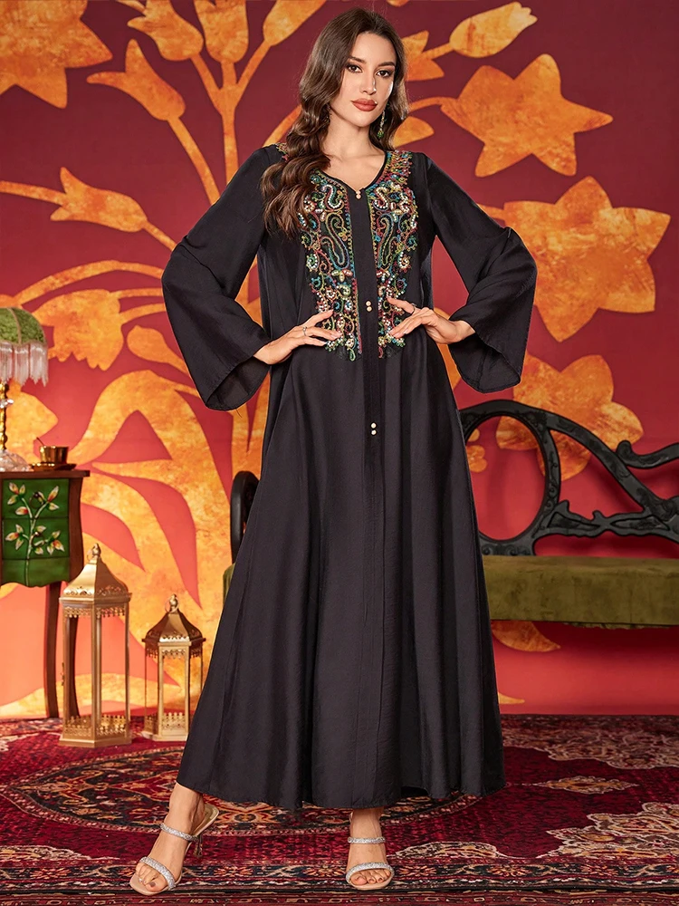 TOLEEN Damen knöchellange Kleider, elegante arabische bunte Seil-Stickerei, prächtige muslimische Robe, elegantes Party-Abendkleid