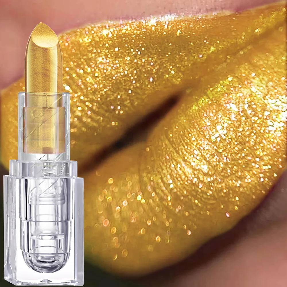 Halloween Gold Metallic Glitter Lipstick Transparent Square Tube Sparkling Shiny Lips Cosplay Party Stage Makeup