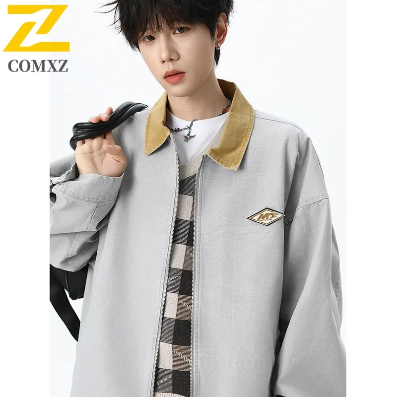 

COMXZ Мужская повседневная куртка с бейсбольным воротником, осенняя рабочая одежда-бомбер, классический стиль, легкое летное пальто, однотонная уличная одежда2025