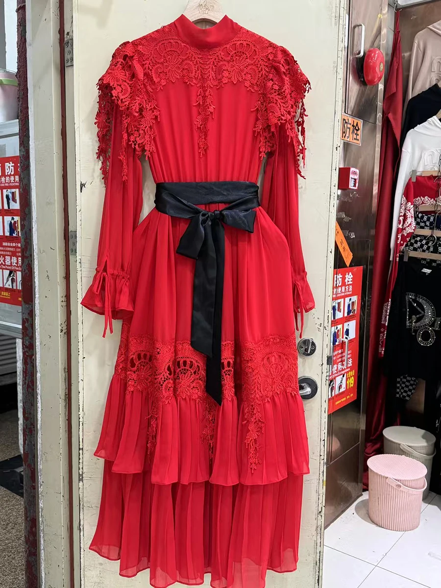 VGH Hit Color Vintage Cocktail Party Dress for Women Stand Collar Patchork Lace Hollow High Waist Irregular Prom Dresses Female