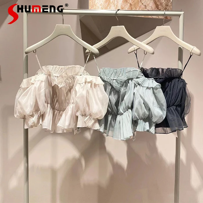 Sexy Top Off-the-Neck Ruffled Tulle Blouses for Women 2023 Spring and Summer New Elegant Off Shoulder Short Sleeve Shirt Female