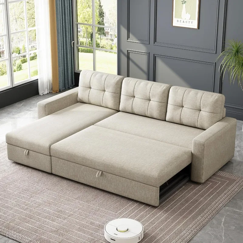 81.5" Sectional Sleeper Sofa Pull Out Couch Bed L-Shape Upholstered Reversible Corner Sofa Bed W/Storage Chaise 3 Back Cushions