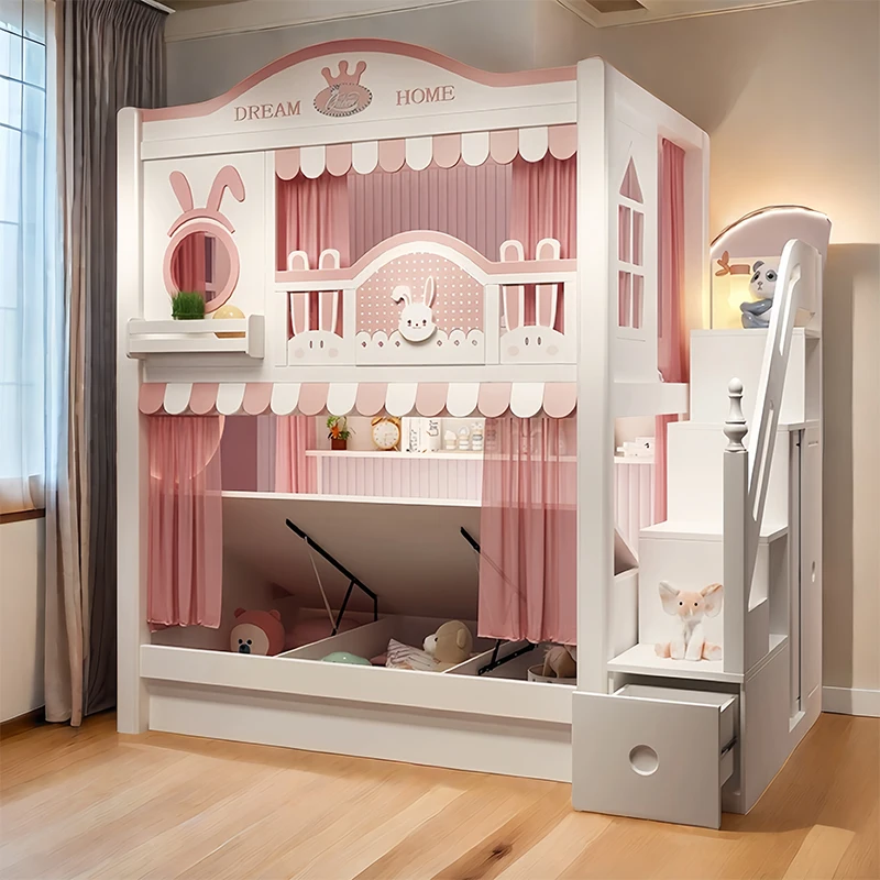 Cama Infantil con Diseño de Almacenamiento y Decoración, Moderna Cama Infantil de Madera Blanca, Muebles para el Hogar