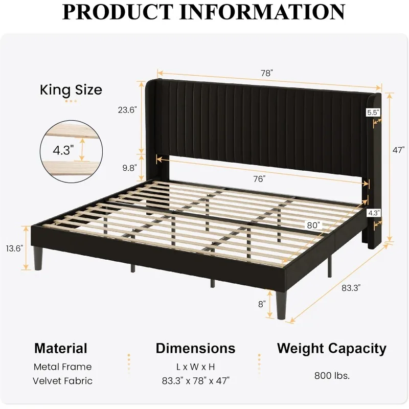 King Size Velvet Bed Frame with Vertical Channel Tufted Wingback Headboard, Upholstered Platform Bed with Wood Slats