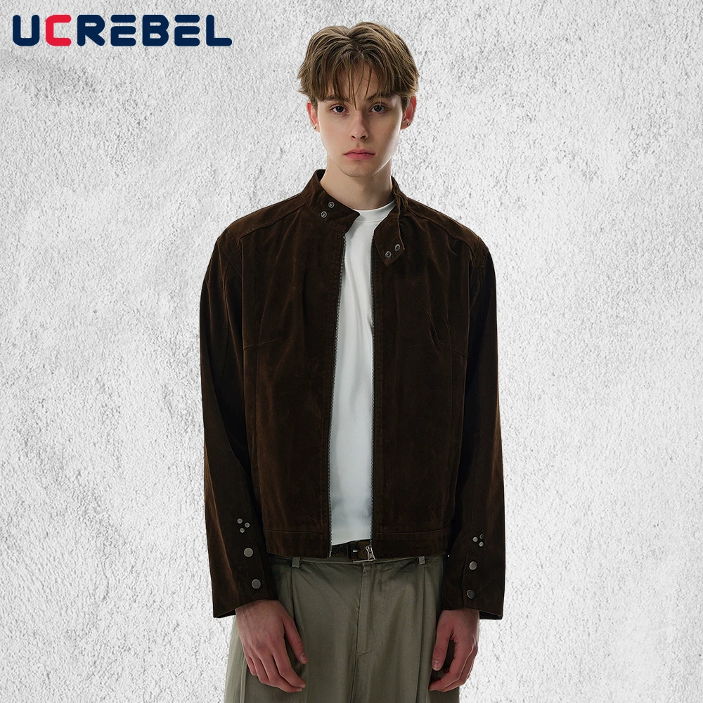 

Retro Suede Jacket Mens Spliced Pocket Solid Color Autumn Winter High Street Stand Collar Long Sleeve Outerwear Man