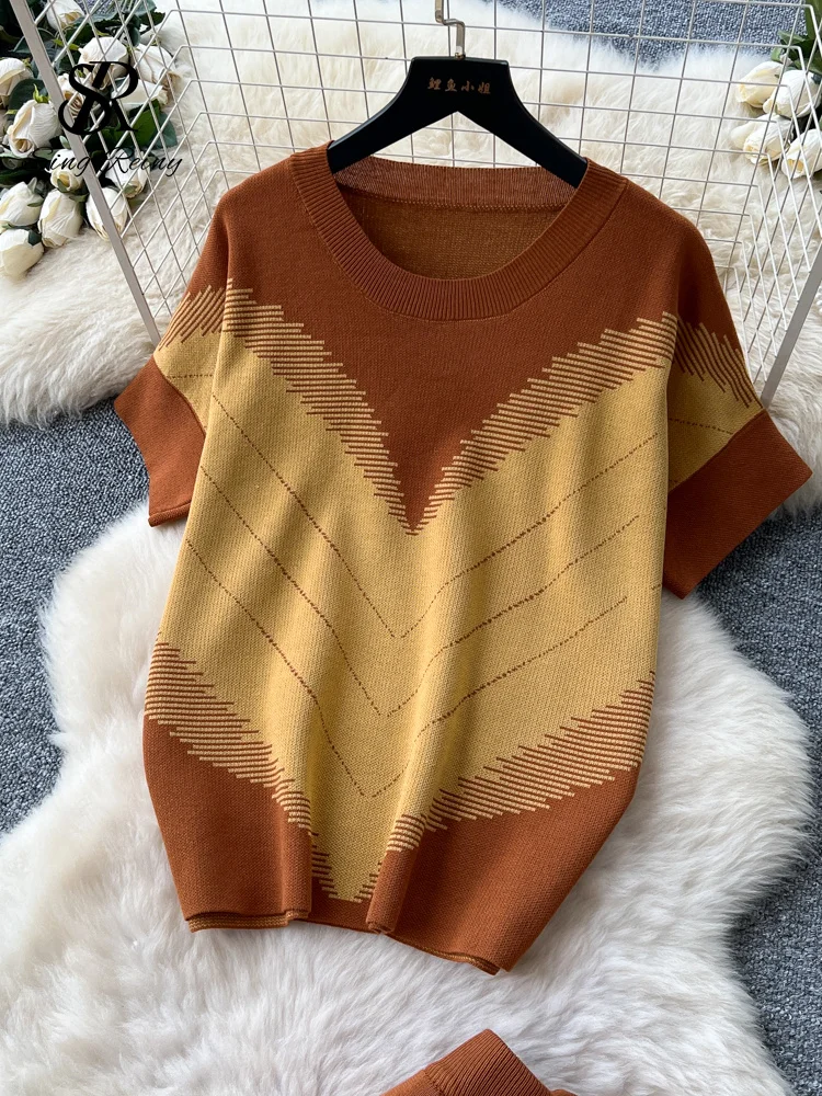 SINGREINY Geometric Print Loungewear Suits O Neck Short Sleeves Shirt+Wide Leg Pant Female Trendy Color Block Knitting Tracksuit - Image 6