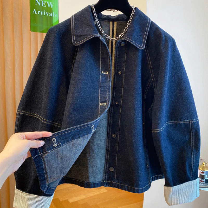 Loose Fit Deep Blue Denim Jacket Women\'s Retro Spring Autumn Casual Sleeve Cuff Patchwork Denim Jacket  Collar Button Clo...