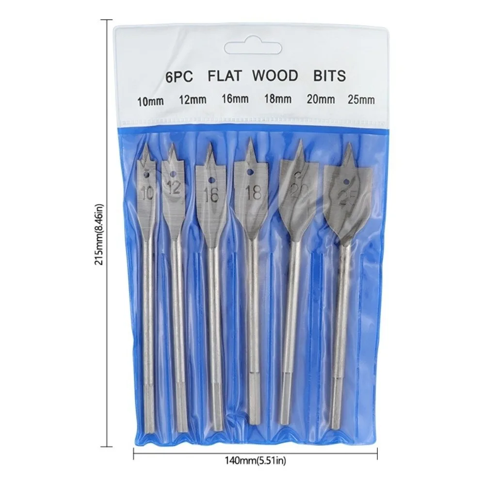 6PCS Multi Function Wood Spade Bit High Carbon Steel 10-25mm Three Edge Bit Three Edge Cutting Structure Flat Spade Shape