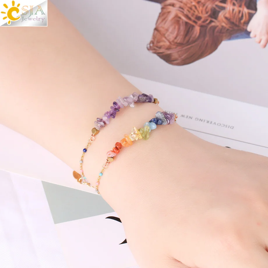 CSJA 7 Chakra Natural Stone Crystal Bracelet for Women Stainless Steel Link Chain Amethysts Chip Crystal Bracelets Jewelry H016