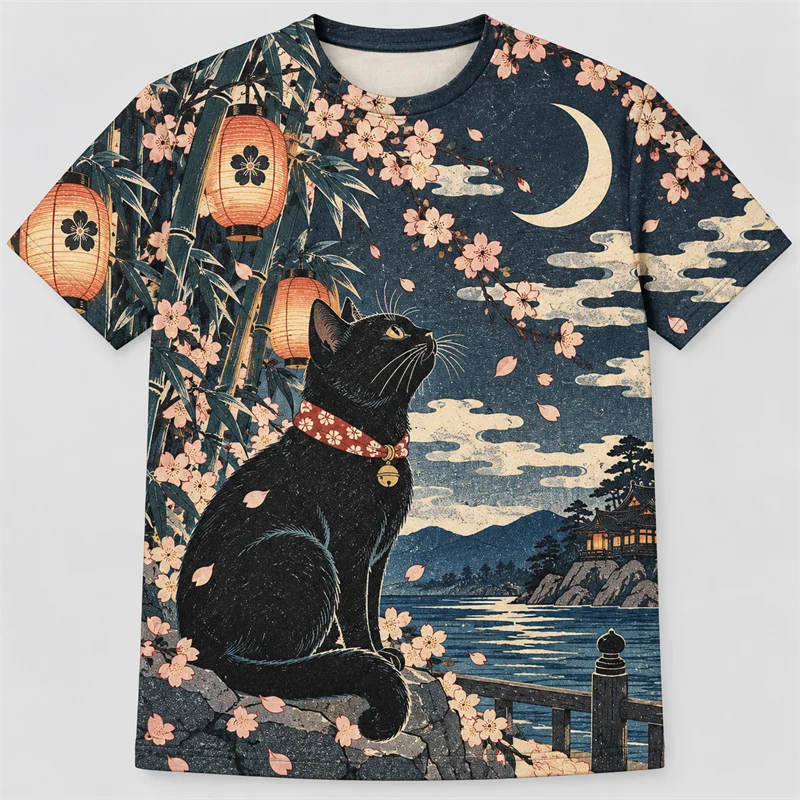 Japanese Ukiyo-e T Shirt Men Great Wave Koi Crane Cat Graphic Short Sleeve Vintage Art Casual Streetwear Summer Fashion Tops