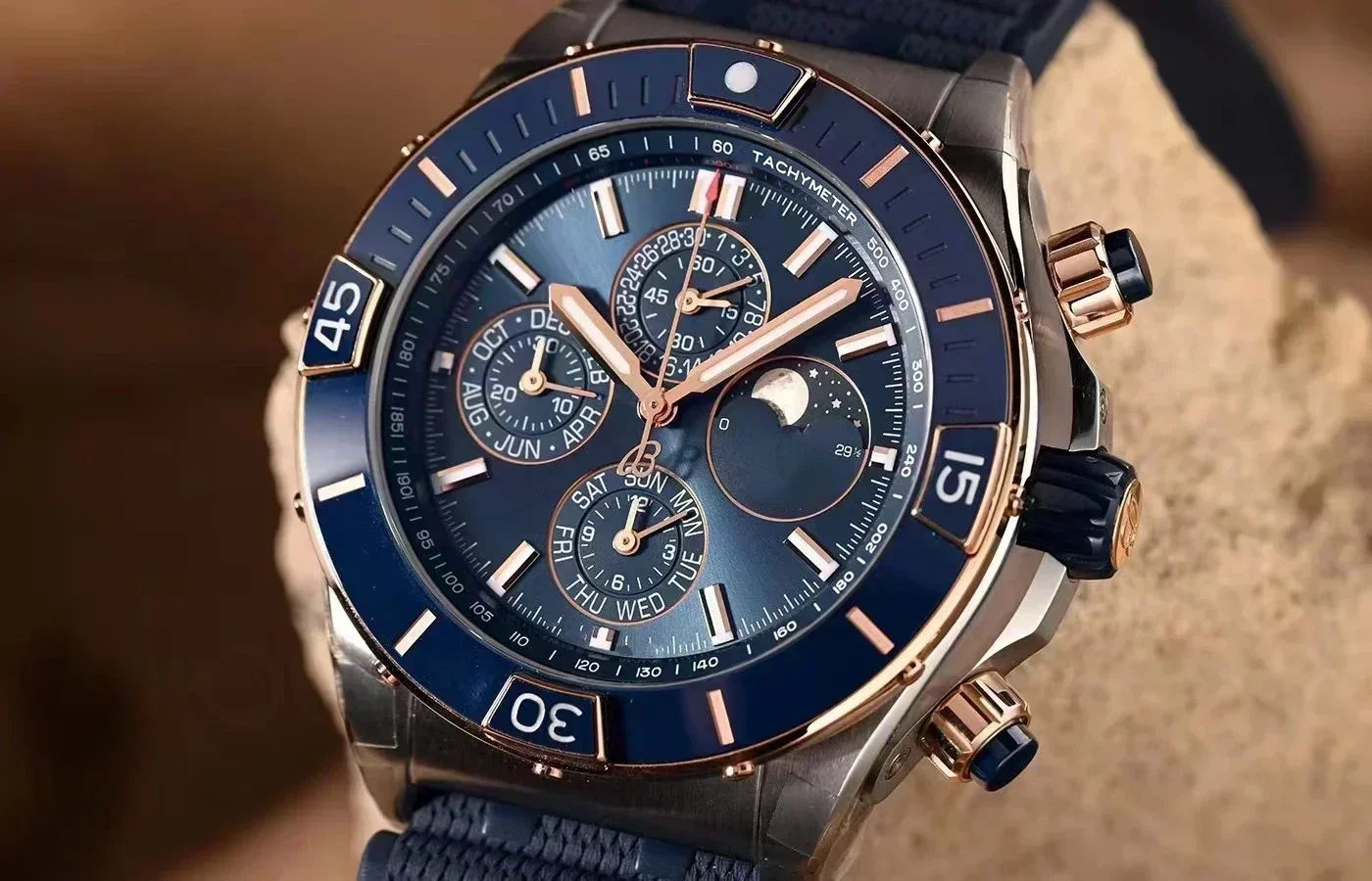 

Новинка 2023, Роскошные Мужские автоматические механические часы MoonPhase, нержавеющая сталь, холст, кожа, сапфировый синий черный