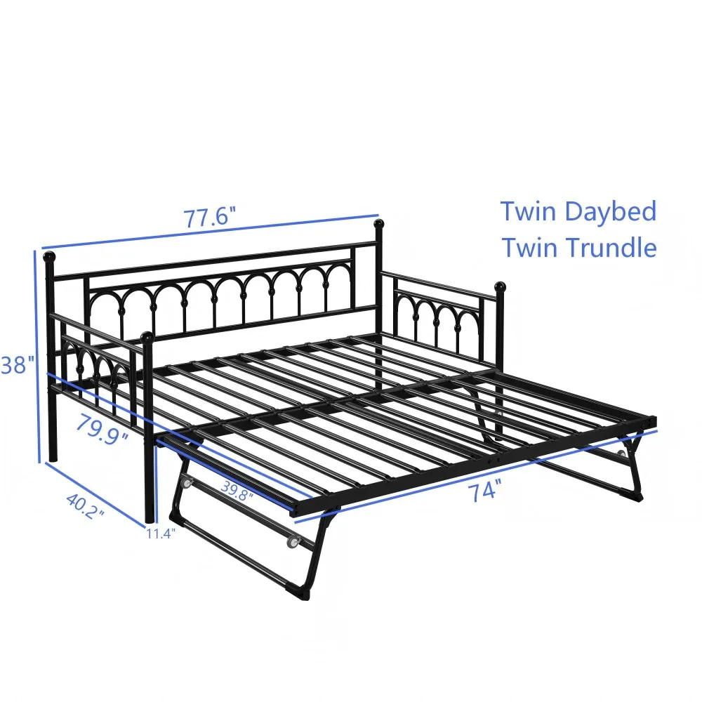 Twin Daybed with Trundle and Storage Bag, Metal Daybed with Pop Up Trundle, Day Bed Farm with Steel Slat Support Sofa