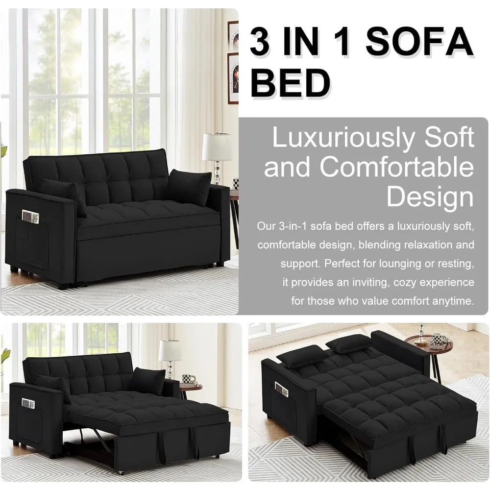 3 in 1 Convertible Sleeper Futon Sofa Bed with 2 Toss Pillows, 55 Inch Velvet Small Loveseat Lounge Couch with Reclining