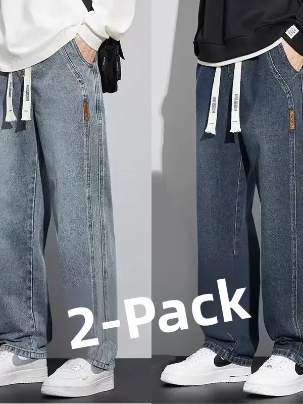 Slim Fit Loose Straight Leg Jeans Elastic Waist Men's 2026 New Versatile Trendy Brand Wide Leg plus Size Drapey Long Trousers