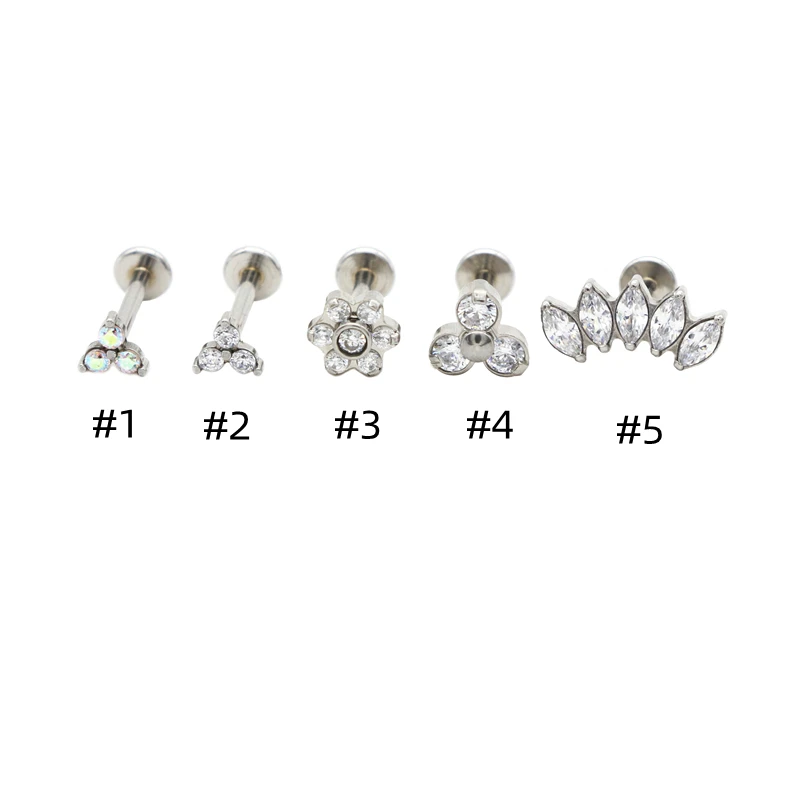 3 Gem Surgical Steel Crown Lip Stud Lobe Internal Thread CZ Labret Ear Bar Cartilage Earring Nail Tragus 16G