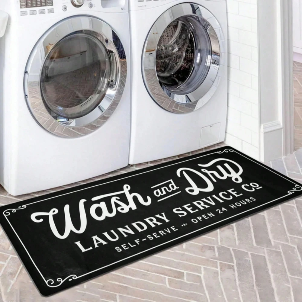 Black Vintage Wash And Dry Laundry Service Runner Mat Self Serve Entryway Hallway Sofa Farmhouse Slip Resistant Long Floor Mat