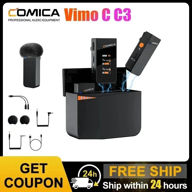 ميكروفون Comica Vimo C C3 اللاسلكي 2.4G Mini لكاميرا الهاتف الذكي ومقابلة بودكاست مع علبة شحن