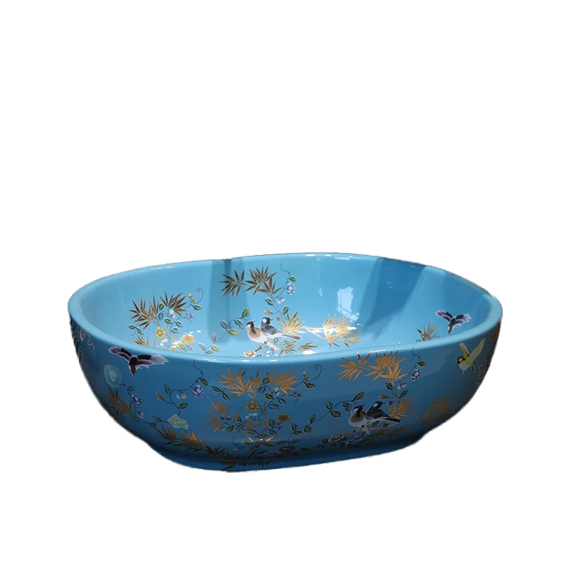 Blue desktop ceramic oval sink art ceramic base wash basin bathroom golden flower and bird pattern design