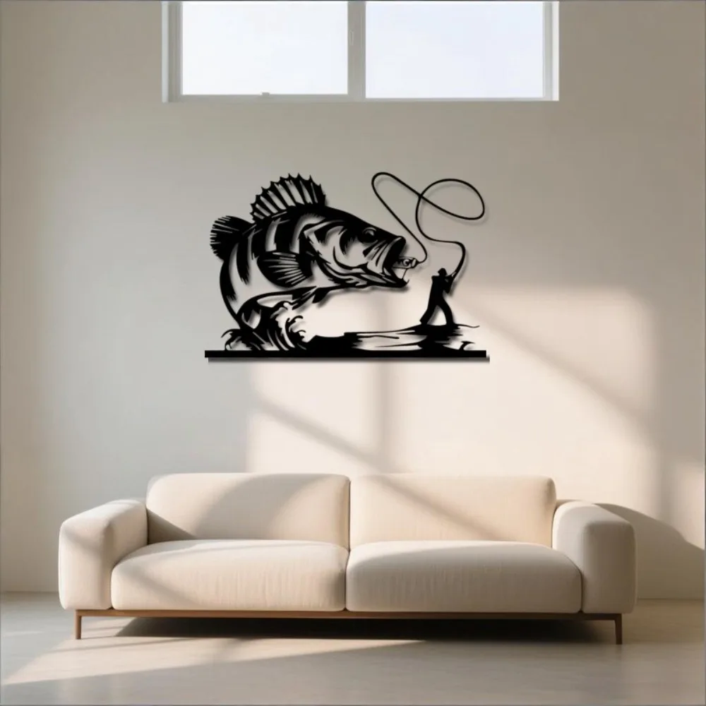 Vintage Angler & Fish Metal Wall Art Large Black White Fishing Theme Home Wall Decor