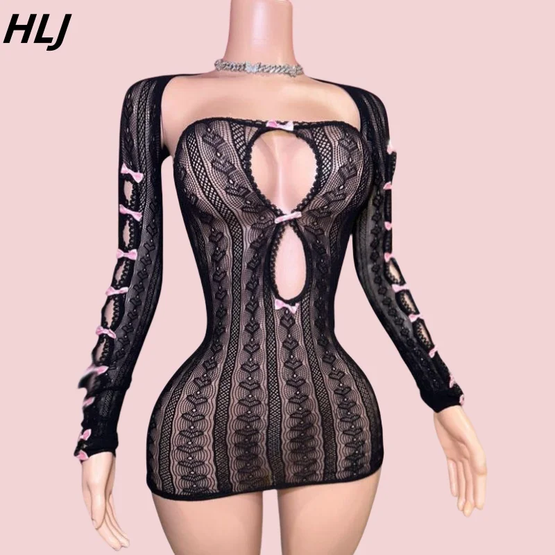 HLJ Black Sexy Mesh Hollow Bow Bodycon Mini Dresses Women Long Sleeve Sheer Slim Nightclub Vestidos Female Perspective Clothing