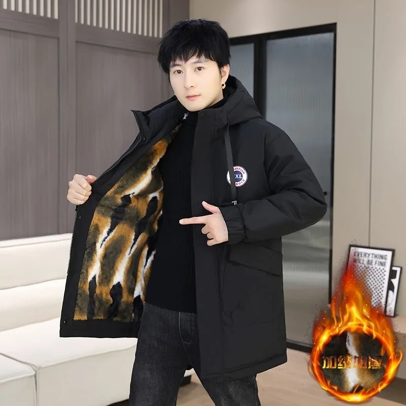 Winter New Style Trendy Plush Thickened Warm Long Hooded Cotton Coat for Men's Casual Loose Sports Large Size High end Coat
