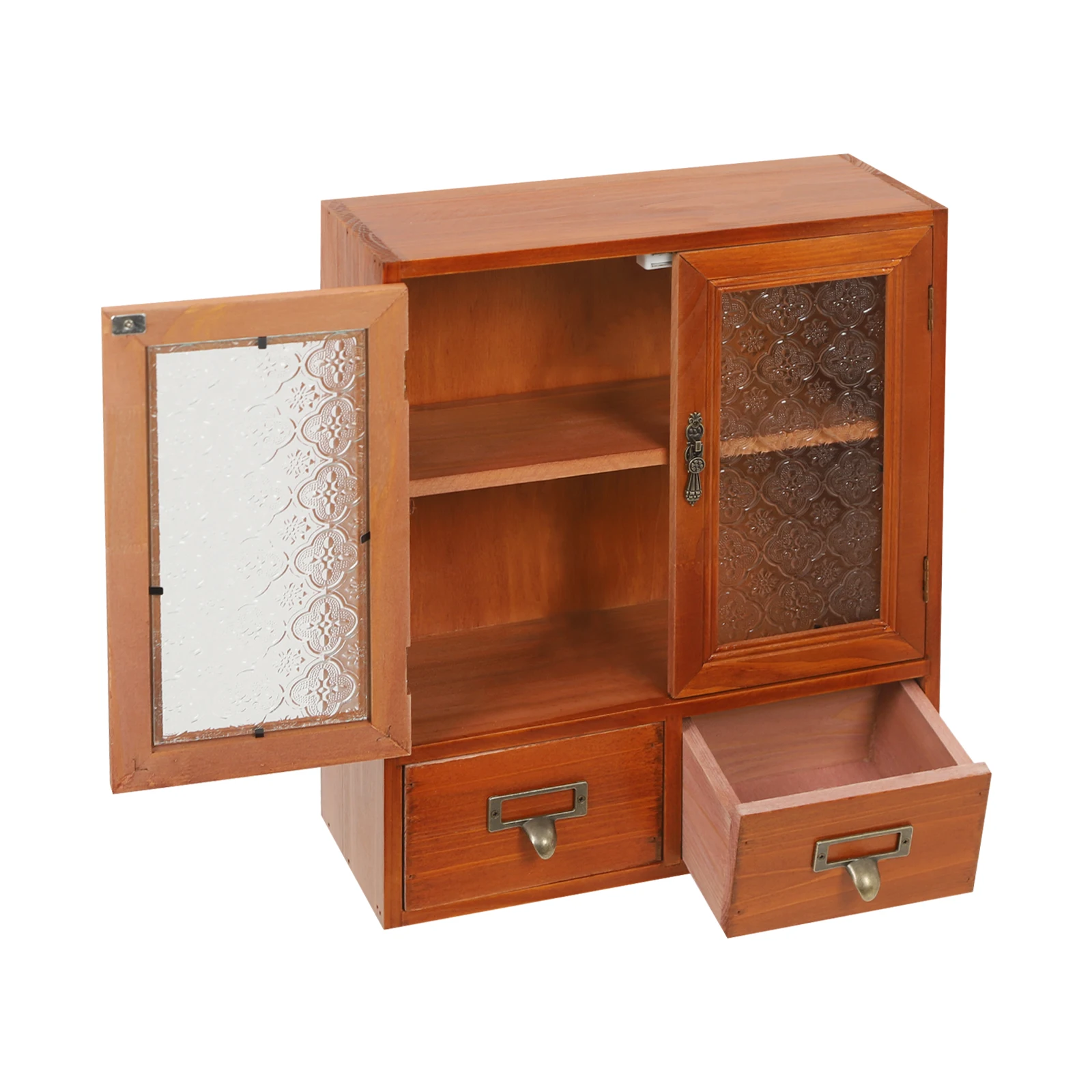 

Настольный шкаф для хранения, деревянный органайзер с 2 полками и 2 ящиками, витрина со стеклянной дверцей для офиса и домашнего декора