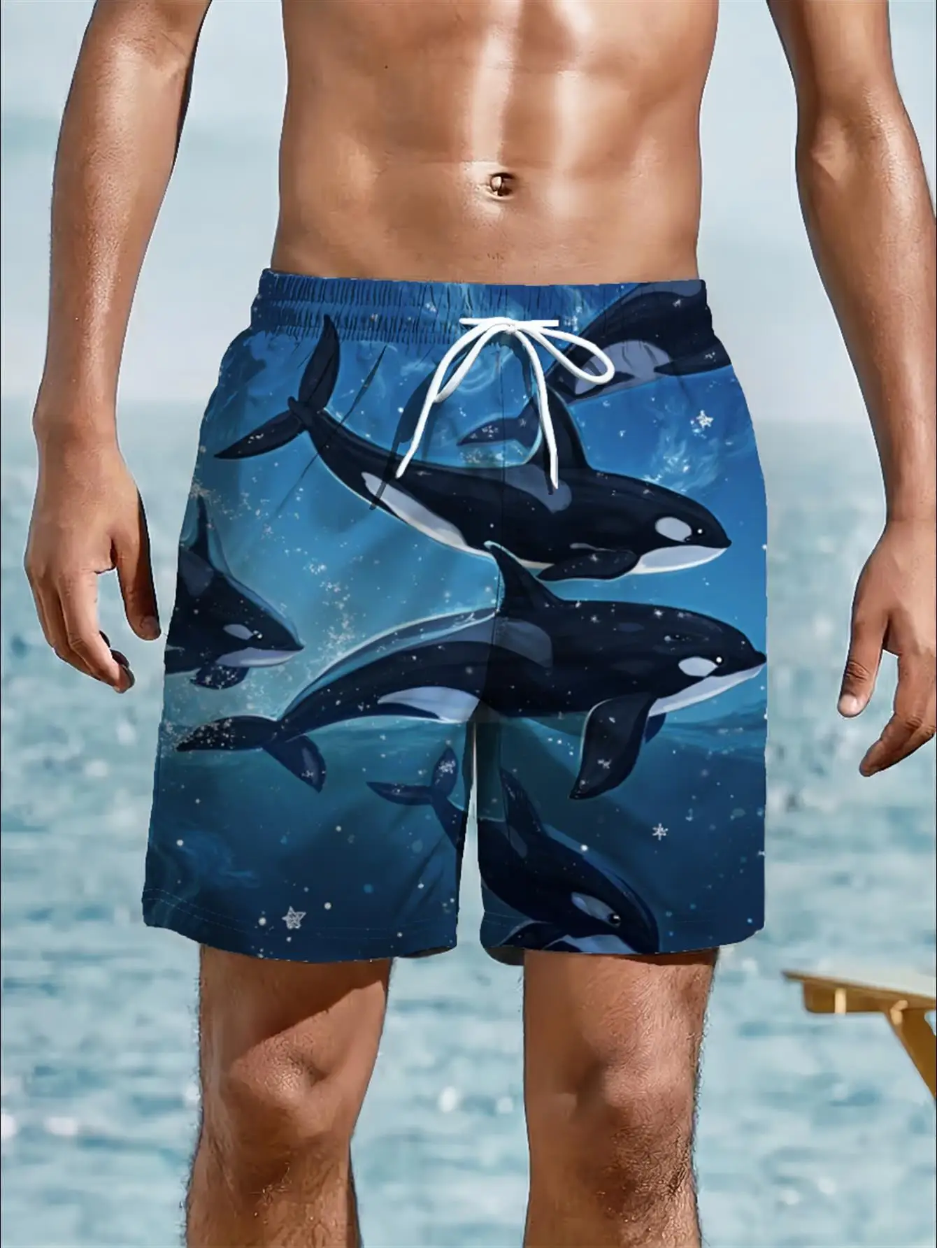 Men's Tropical Abstract Blue White Brush Stroke Quick Dry Beach Shorts Swim Trunks 2026