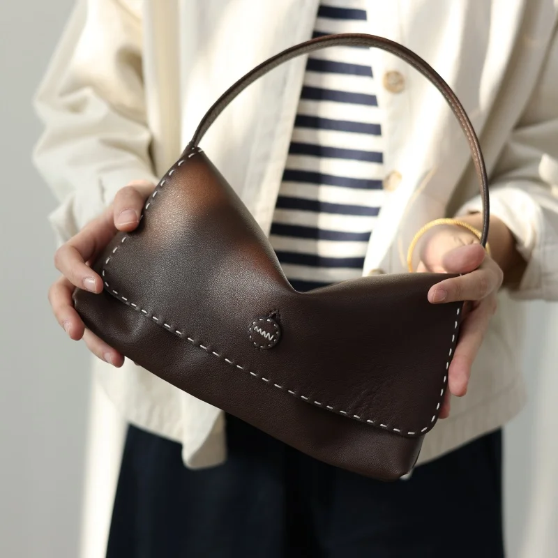 Colorful Genuine Leather Handbag For Women Luxury Light Weight Small Bags With Hand-sew Element  Soft Hand Bag