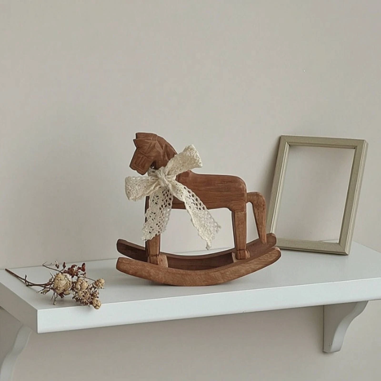 Wooden Rocking Horse Table Decoration Tabletop Rocking Horse with Ribbon Ornament Decorative Desk Centerpiece Collectible